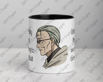 Anime Old Corrupt Priest Quote Mug "I've Simply Been Pretending to Be an Adult..." White Mug with Black or Yellow Handle