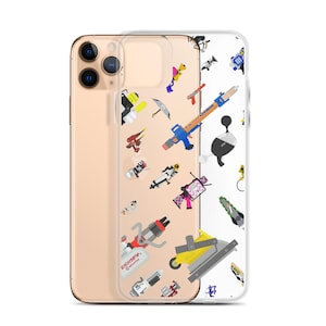 May include: A clear phone case with a gold iPhone 11 Pro Max inside. The case has a white background with a pattern of colorful cartoon tools and objects.