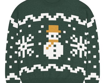Snowman Pixel Art Knitted Sweater Relaxed Fit Crew Neck Minifig-Inspired Winter Xmas Jumper