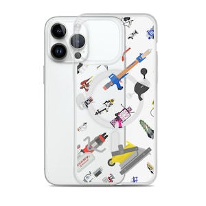 May include: A clear phone case with a white background and colorful illustrations of various objects, including tools, a pencil, and a car. The case has a ring holder in the center.