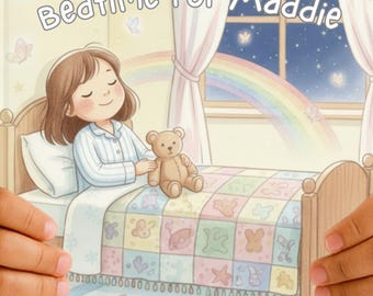 Puede incluir: Un libro infantil titulado "Bedtime for Maddie" con una ilustración de una niña en pijama con un osito de peluche en la cama. La imagen incluye un arcoíris, una luna y estrellas, con mariposas y una ventana.
