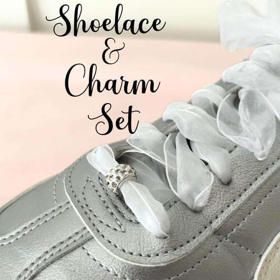 Shoe charm set and laces with rhinestone charm for shoelace for sneakers charm metal satin shoe laces for wedding sneaker for girl gift idea