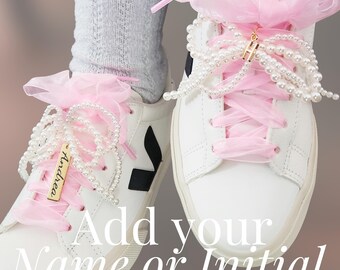 Shoe charm sneakers pearl bow personalized shoe decoration custom initial charm with name pearl tassel Shoe lace charms gift satin shoelace