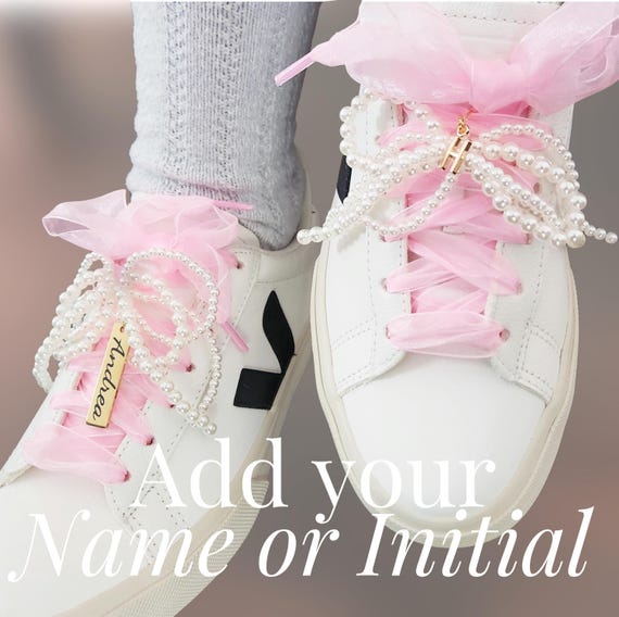Shoe charm sneakers pearl bow personalized shoe decoration custom initial charm with name pearl tassel Shoe lace charms gift satin shoelace