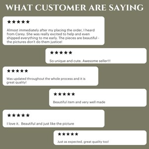 May include: Five customer reviews with five stars each. The reviews highlight the quality, uniqueness, and timely shipping of the product. The reviews include phrases like "beautiful", "unique", "awesome seller", "great quality", and "just like the picture".