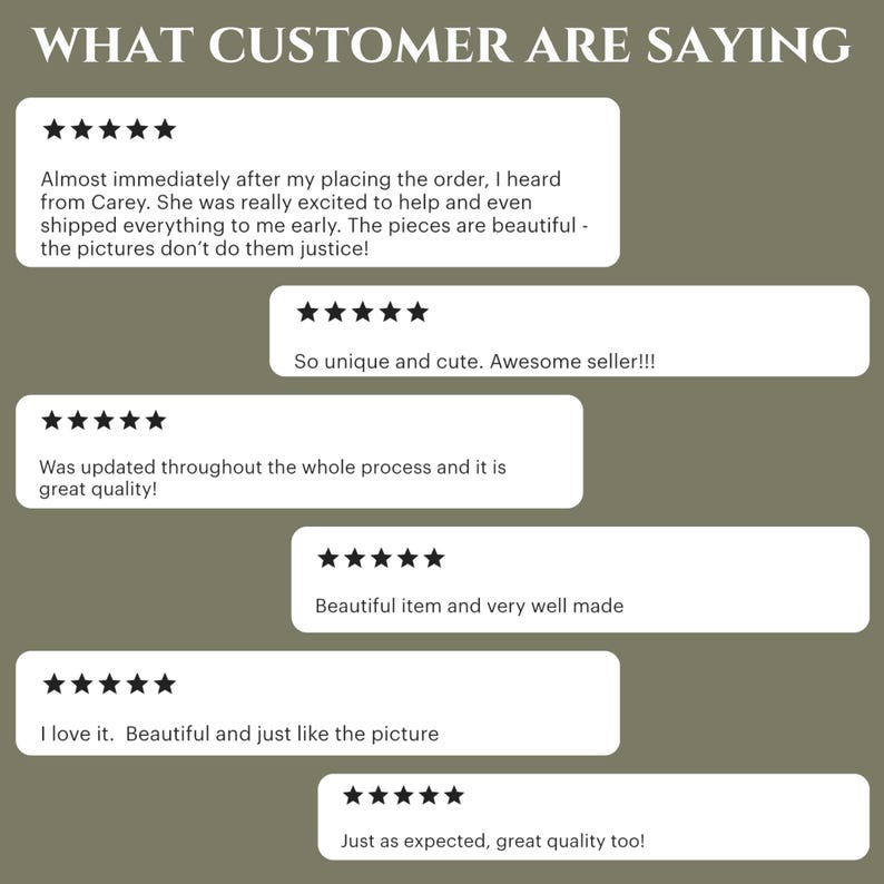 May include: Five customer reviews with five stars each. The reviews highlight the quality, uniqueness, and timely shipping of the product. The reviews include phrases like "beautiful", "unique", "awesome seller", "great quality", and "just like the picture".
