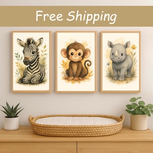 Baby Animal Nursery Wall Art Set Jungle Safari Prints Zebra Lion, Monkey Elephant Giraffe Rhino Kids Room Decor Gender Neutral Nursery Art
