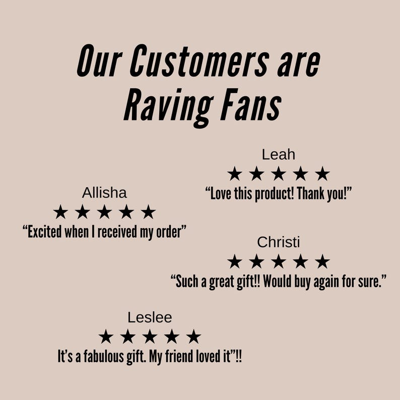 May include: A beige graphic featuring the black text Our Customers are Raving Fans. Below are four five-star reviews from Allisha, Leah, Christi, and Leslee, each with black star icons and quotes expressing satisfaction with their orders and gifts.