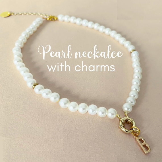 Personalized pearl necklace with charm gold initial charm DIY charm necklace with pearl and gold necklace for women handmade pearl jewelry