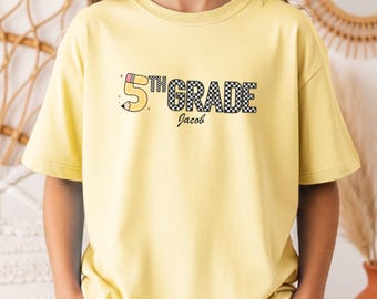 Personalized 5th Grade Shirt, Checkered First Day of School Tee, Custom Name Back to School Shirt, Boys Fifth Grade Pencil Tshirt