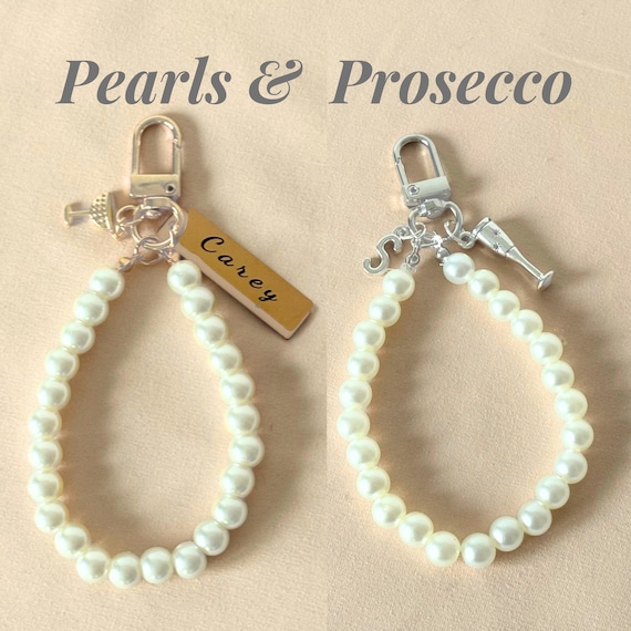 Pearl and Prosecco Personalized Bridal Party Gift Idea for Bridesmaid Wedding Day Present Charm with Name Custom Keepsake Bridal Favor