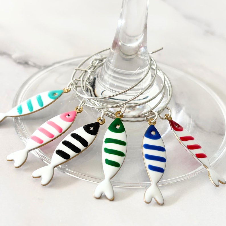 Coastal fish wine charms nautical drink markers beach-themed wine glass tags ocean party decor unique hostess gift beach house decor