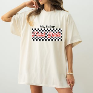 Personalized Third Grade Teacher Shirt, Retro Checkered Racing Teacher Tee, Custom Name Comfort Colors Back to School Gift