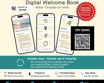 Airbnb Welcome Book Template Notion, Digital Guest Guide + Printable Welcome Signs, VRBO Vacation Rental, Instant Update