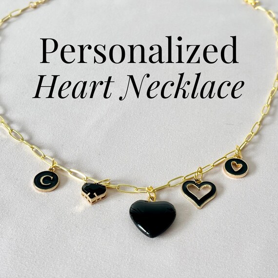 Dainty Layering Necklace Gold Pendant Initial Charm Heart Jewelry Black Design Custom Gift for Her Valentine Present Gold Chain Letters