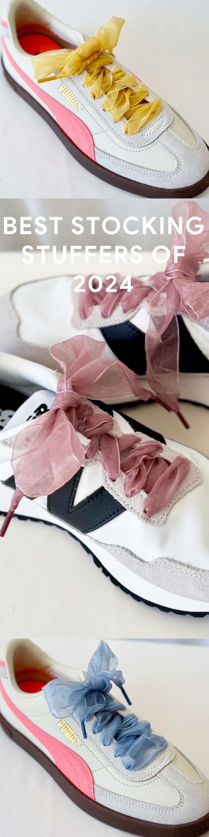 Puede incluir: Tres pares de zapatillas blancas con detalles en rosa, negro y gris. Cada par tiene una cinta de color diferente atada en un lazo en los cordones. El texto "BEST STOCKING STUFFERS OF 2024" se muestra sobre las zapatillas.