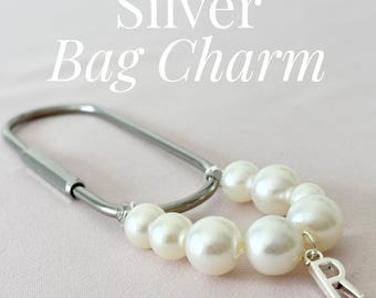 Personalized Pearl Bag Charm, Silver Initial Carabiner Keychain