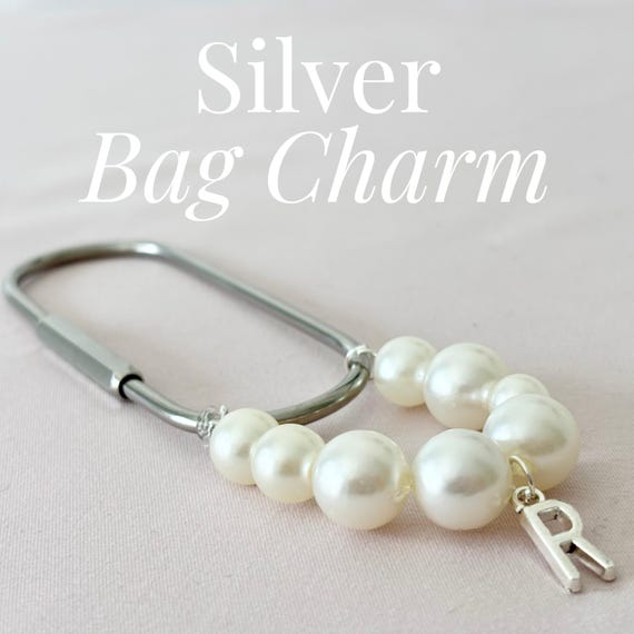 Silver Bag Charm for Purse Silver Carabiner keychain with personalization gift for her pearl bead keychain with initial charm Silver letter