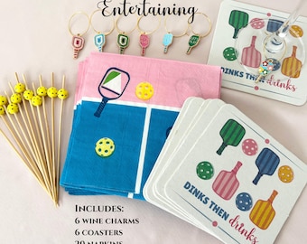 Pickleball Gift Box: Wine Charms, Coasters, Napkins, Cocktail Picks