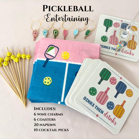 Pickleball gift box with wine charms coasters for drink cocktail napkins for pickleball lover gift hostess present party favor team gift