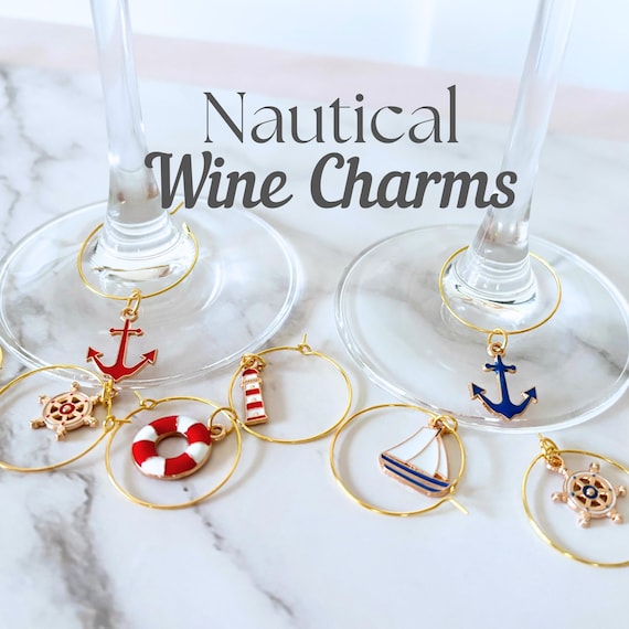Coastal Wine Charm Gold Accent Nautical Design Glass Holder Summer Gift Idea for Beach Wedding Anchor Charm Seaside Wine Accessories for Her