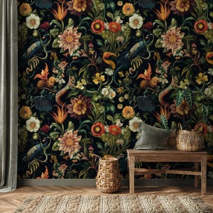 Viktorianische dunkle botanische Tapete zum Abziehen und Aufkleben, Blumen- und Vintage-Tapete, Tapete mit Surrealpflanzen, Ablösbare Tapete
