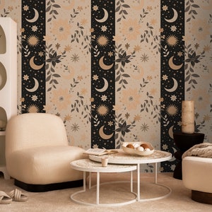 Carta da parati beige con luna e stelle, carta da parati staccabile e adesiva con sole e notte stellati, carta da parati botanica e floreale, carta da parati rimovibile, staccabile e adesiva