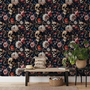 Dark Floral Skull Peel and Stick Wallpaper, Dark Botanical and Snake Wallpaper, Gothic Flower Wall Mural, Removable Traditional Wallpaper