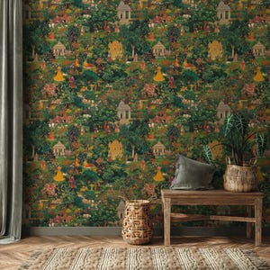 Weelderige Jaipur-tuinbehangmuurschildering, levendig groen Peel and Stick-behang, Indiaas behang, verwijderbaar traditioneel behang