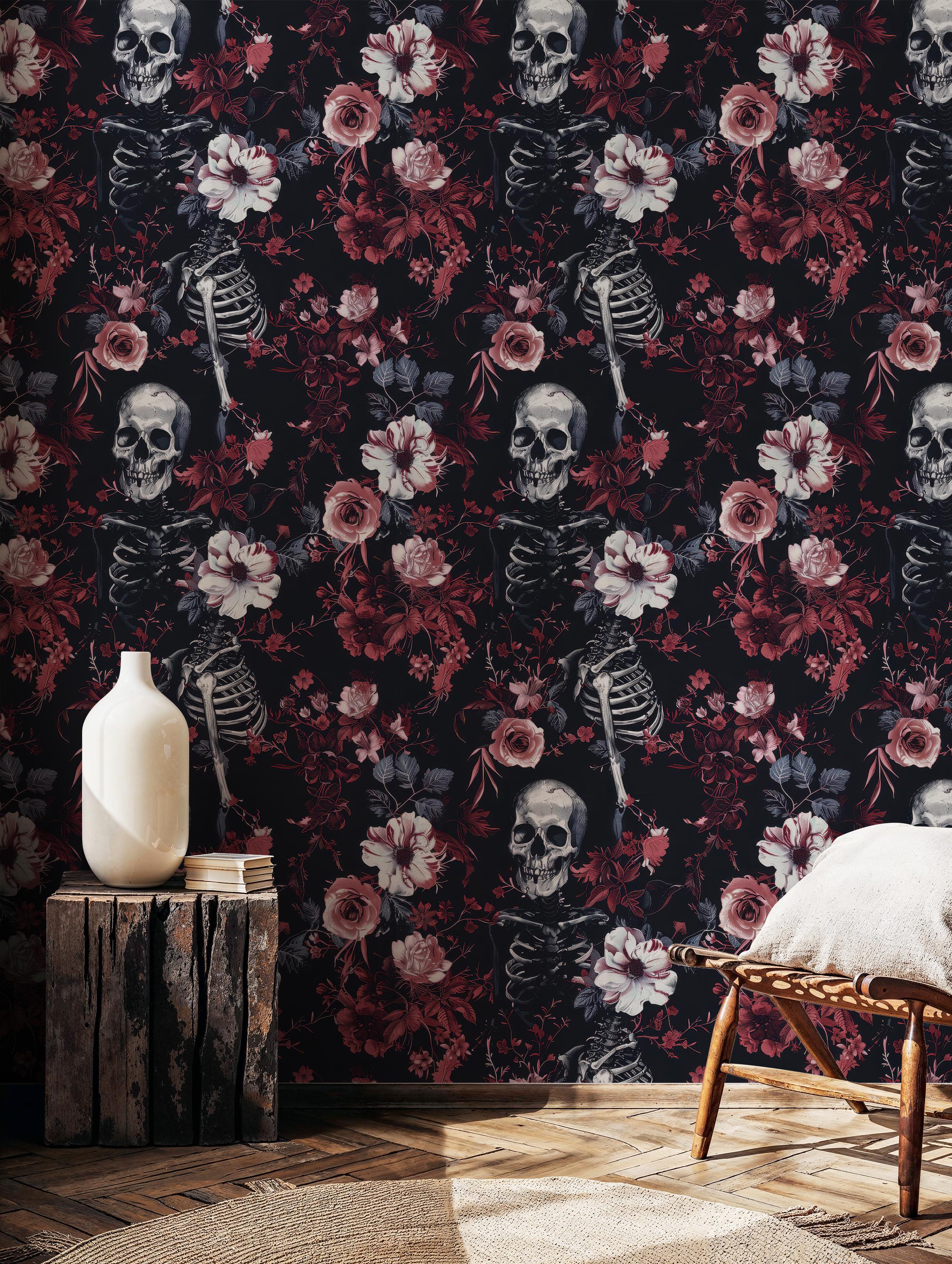 Peel & Stick Gothic Wallpaper – Vintage Floral With Bats & Skulls – Removable For Renters & Accent Walls - View #7