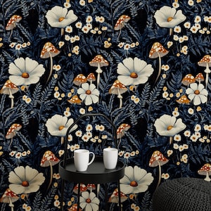 Carta da parati vintage con funghi, carta da parati floreale scura, carta da parati con funghi blu navy staccabile e attaccabile, carta da parati botanica, murale tradizionale