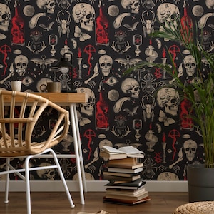 Dark Gothic Wallpaper, Skull Wallpaper Peel and Stick, Dark Wallpaper, Mystick Symbols,Ravens Bats and Plants Mural, Removable Wallpaper