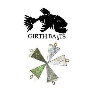 May include: Five silver and green pyramid-shaped fishing sinkers with gold loops. The sinkers are arranged in a star shape. The image also includes a black silhouette of a fish with the text "Girth Baits".