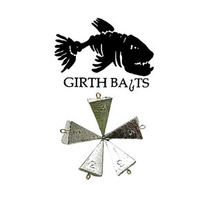 May include: A set of five silver pyramid-shaped fishing sinkers with different weights, ranging from 1/2 oz to 3 oz. The sinkers are arranged in a star shape and have a gold loop at the top. The text "GIRTH BAITS" is printed in black on a white background.