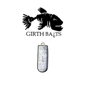 May include: A black and white logo featuring a fish skeleton above the text "GIRTH BAITS." Below the logo is a silver, rectangular fishing weight with the number "1" stamped on it. The weight has a loop at the top.