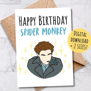 Carte de joyeux anniversaire singe araignée, meme drôle, cadeau pour elle, ami, petite amie, culture pop, vampire scintillant, téléchargement numérique imprimable