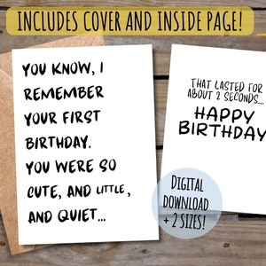Tarjeta de feliz cumpleaños con mensaje "Silencio durante 2 segundos", regalo divertido para hijo, hija o familiar, mensaje frontal e interior, descarga digital imprimible