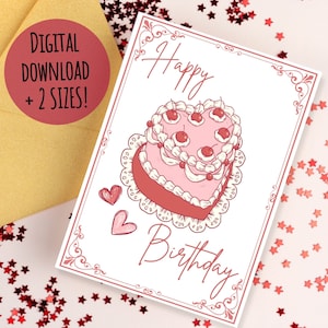 Retro Vintage herzförmige Kuchen, alles Gute zum Geburtstag Grußkarte, Geschenk für sie, Frau, Freund, Kokette Ästhetik, digitaler Download druckbare
