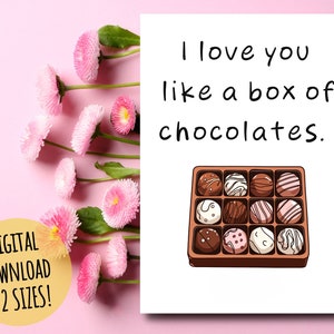 Eu te amo como uma caixa de chocolates, cartão de felicitações, citação de filme romântico, doce e sincero dia dos namorados, aniversário, download digital para impressão