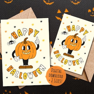 Wesoła kartka z pozdrowieniami na Halloween, stara, zabytkowa, kreskówkowa Jack O' Lantern, słodki czarny pająk, upiorny sezon, jesienna jesień, cyfrowa wersja do pobrania w wersji do druku
