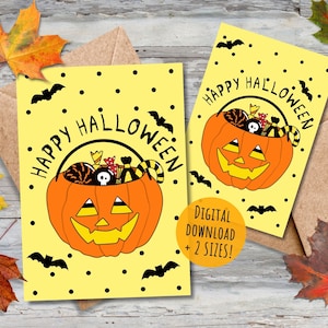 Biglietto di auguri di Halloween, sorriso Jack O' Lantern cestino di dolcetto o scherzetto, caramelle, pois, stagione spettrale, download digitale stampabile