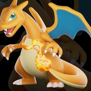 May include: A bright orange and yellow Charizard Pokemon figurine with blue wings and a flame tail. The figurine is posed in a dynamic stance with its mouth open and claws extended.