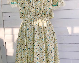 Garden Vine Dress, one size fits most, summer dress, cotton dress, blue, green elastic, dress, women dress, large to 2XL