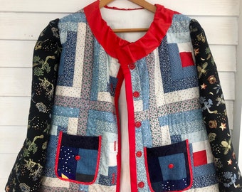 Log Cabin Quilt Coat, Quilt Jacket, Patchwork, red and blue, collar and pockets, Button up coat, bust 48”, coat for women, coat, jacket