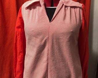 Retro-Stil rote Bluse, rotes Hemd, Vintage-Muster, Baumwollhemd, Kragenhemd, Frauenhemd, rotes Oberteil, Anzughemd, Freizeithemd, Größe 14, 16