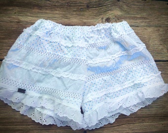 Small blue/white frilly Junior/Petite Bloomers, shorts, lace bloomers, shorts, knickers, cottagecore, mori, grandmacore, cotton bloomers