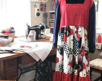 Sewing Room Dress, summer dress, cotton dress, red dress, day dress, women dress, medium to large, square neck, puffy sleeves