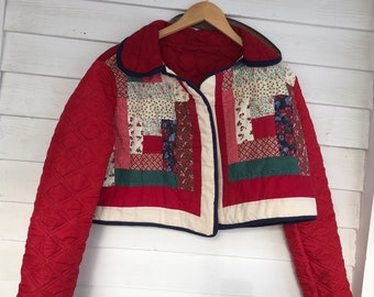 Cropped Red Log Cabin Quilt Coat, Quilt Jacket, Patchwork, Short coat, Peter Pan collar and pockets, bolero coat, large to xl, quilt jacket