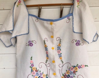 Upcycled Linen Blouse, Women Linen Blouse, Embroidered Linen, shirt, top, short sleeves, button top, buttoned shirt, blouse, blue, flowered