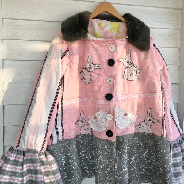 Pink Rabbit Quilt Coat, Quilt Jacket, Patchwork, pastel coat, faux fur collar, ooak, one size Plus, Button up coat, pockets, grey